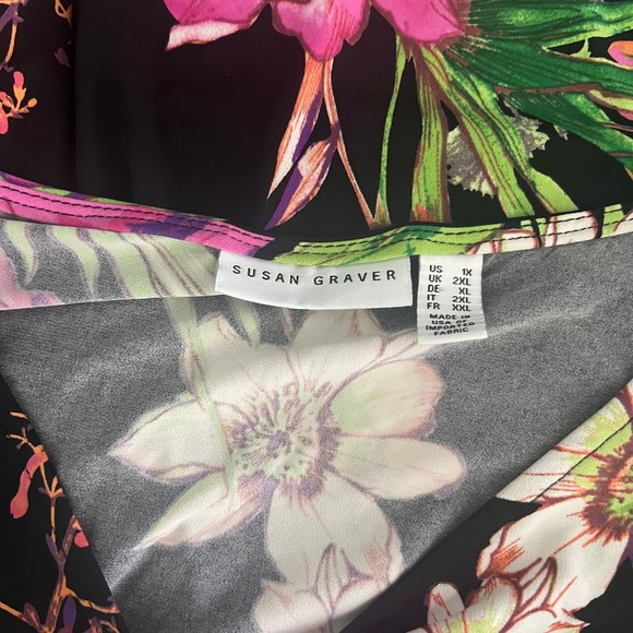 Susan Graver 1X Floral Print Tunic Top 3/4 Sleeve Black Pink Green Tropical - Picture 5 of 10
